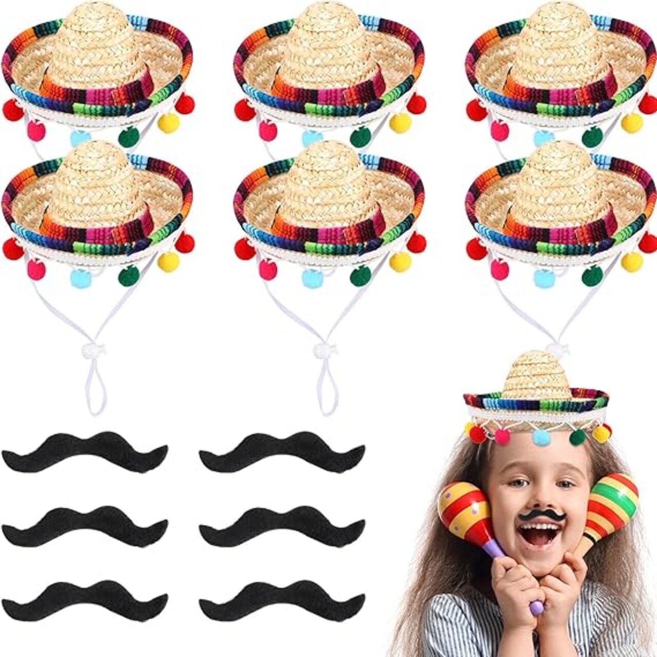 12 Pcs Mini Mexican Hat Straw Sombrero Black Fake Moustache Self Adhesive Fake Beard for Kids Pets Mexican Party Decorations Fiesta Halloween Christmas Masquerade Supplies